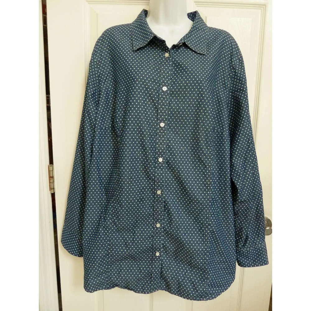 Talbots Woman 3X Polka Dot Roll-Tab 100% Cotton Blouse Blue White Button Up